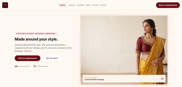 Arfa Boutique website home page: “Made around your style.”, a Book an Appointment button and a woman in a saree